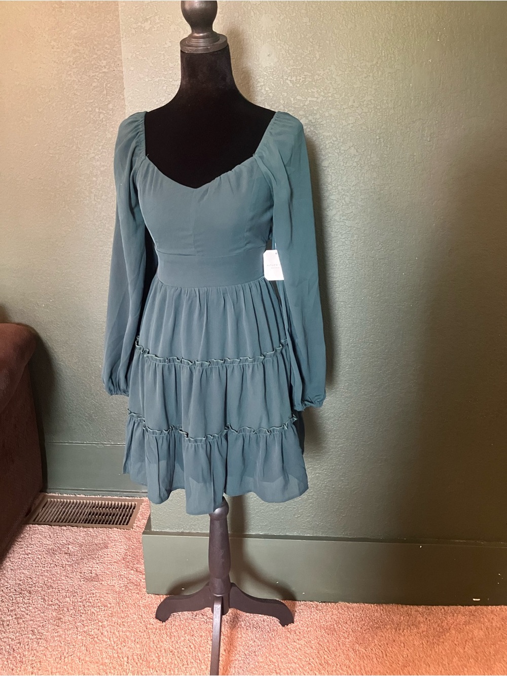 Altar'd State Long Sleeve Tiered Mini Dress in Teal Green
